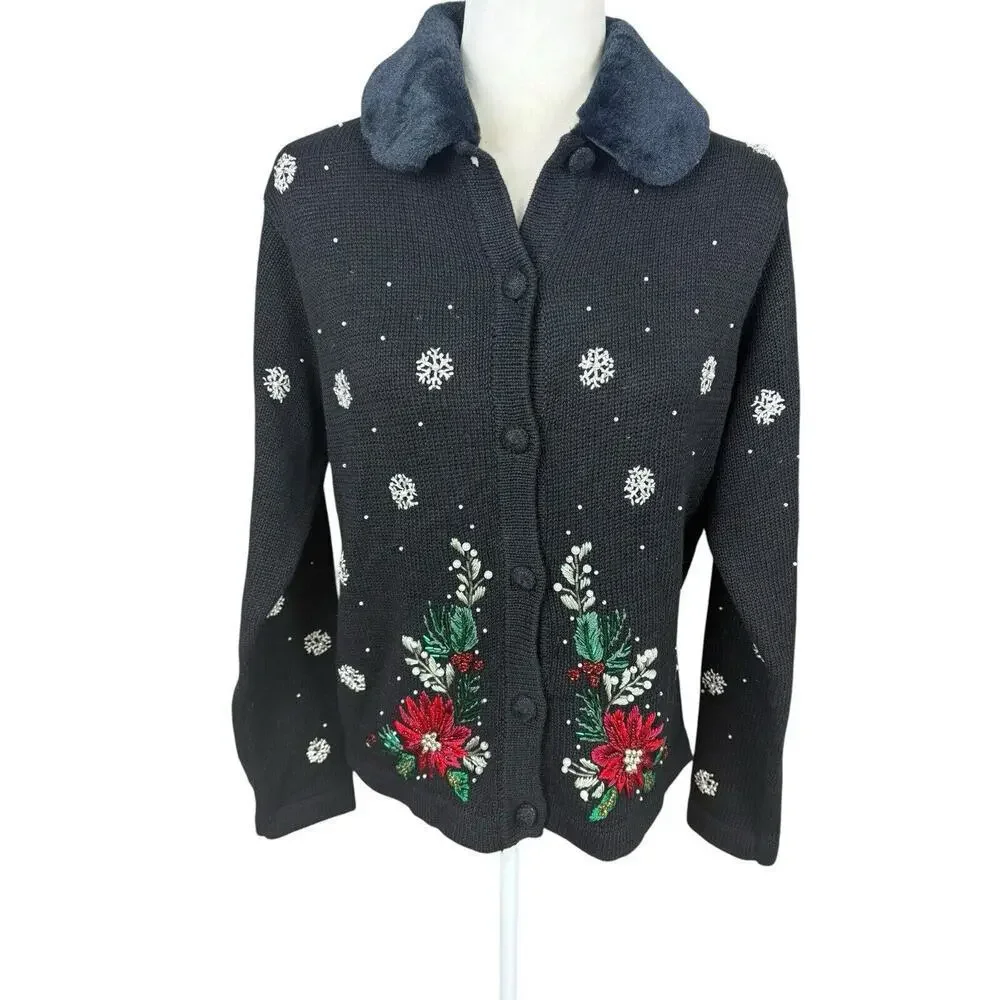 Victoria Jones Sweater Womens Size P/M Black‎ Wool Fur Collar Christmas Cardigan